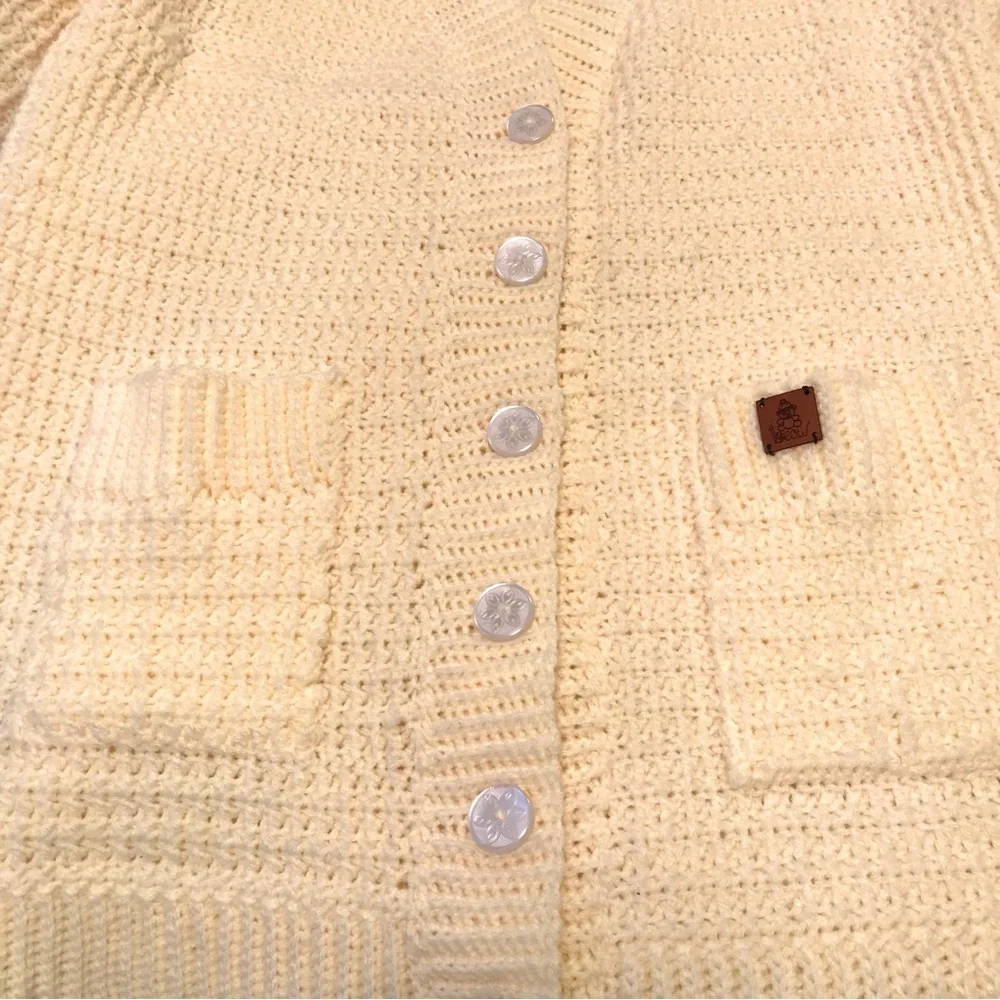 Hand-Made Crocheted Ivory Chunky Knit Cardigan Sweater